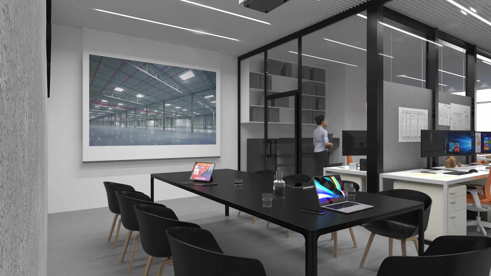industrialne biuro, projekt biura, powierzchnie biurowe Wrocław, projekty wnętrz chocianów, wizualizacja projektu 3D realistyczna