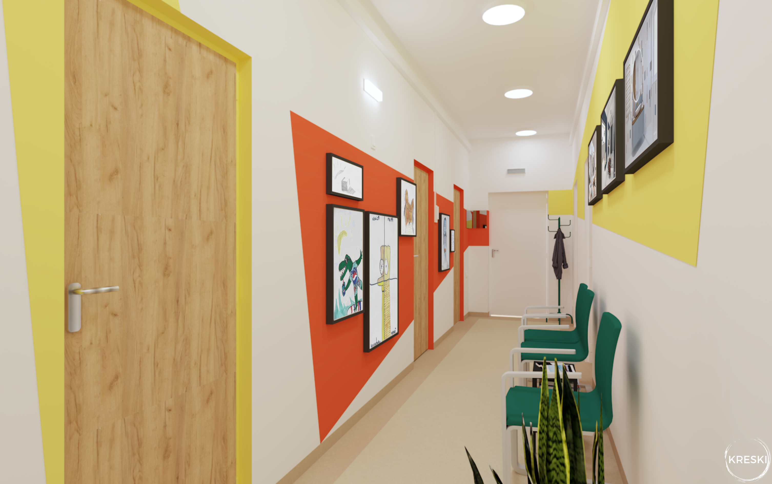 przestrzenie biurowe szkoła językowa korytarz poczekalnia projekt wnętrza wizualizacja 3D