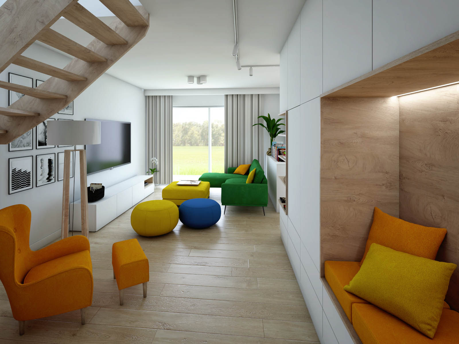 Kolorowe minimalistyczne wnętrza domu szeregowego